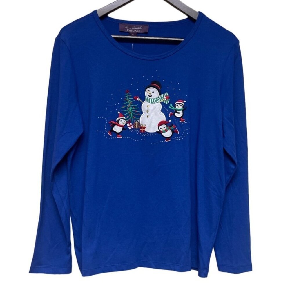 Gloria Vanderbilt Women's Shirt Winter Blue Bear Penguin Holiday T-Shirt Medium